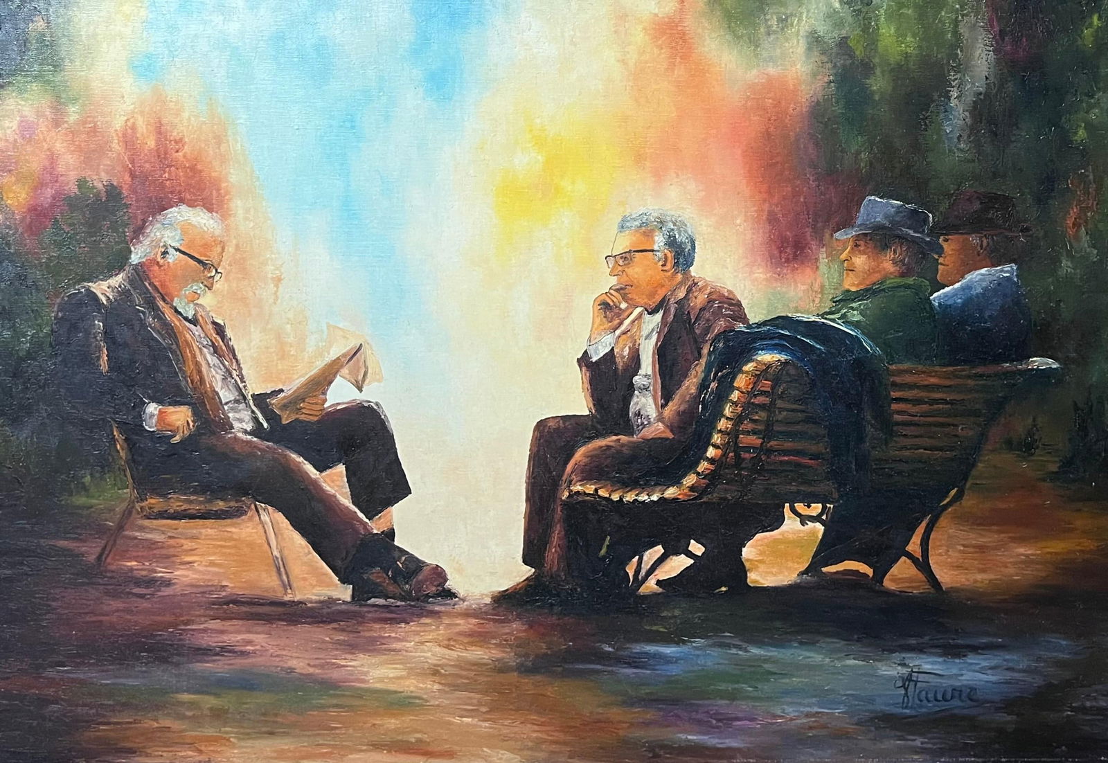 Annie Faure; Portrait of Three Men Discussing The Newspaper 20th Century French Oil Painting (1 of 14)