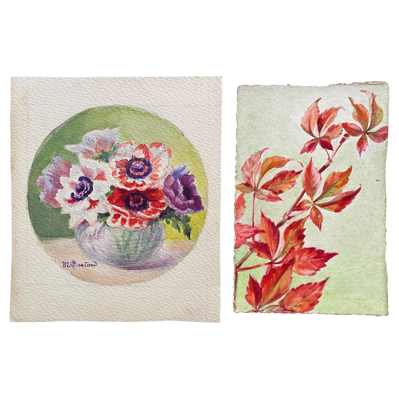 Early 1900's French Impressionist Signed Flower Watercolours Marie Carreau, circa 1900s (1 of 5)