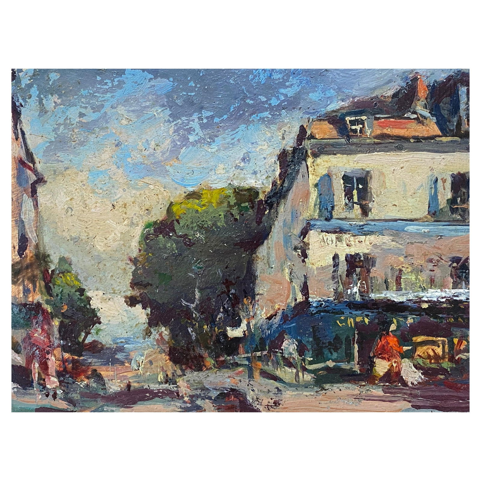 French Impressionist En Plein Air Oil Painting, City Street Scene, 20th Century: Title: French Impressionist En Plein Air Oil Painting, City Street Scene, 20th Century Description: John Rabone Harvey ( 1966 - 1922) graphic and chalk deep green artist paper , unframed artist paper