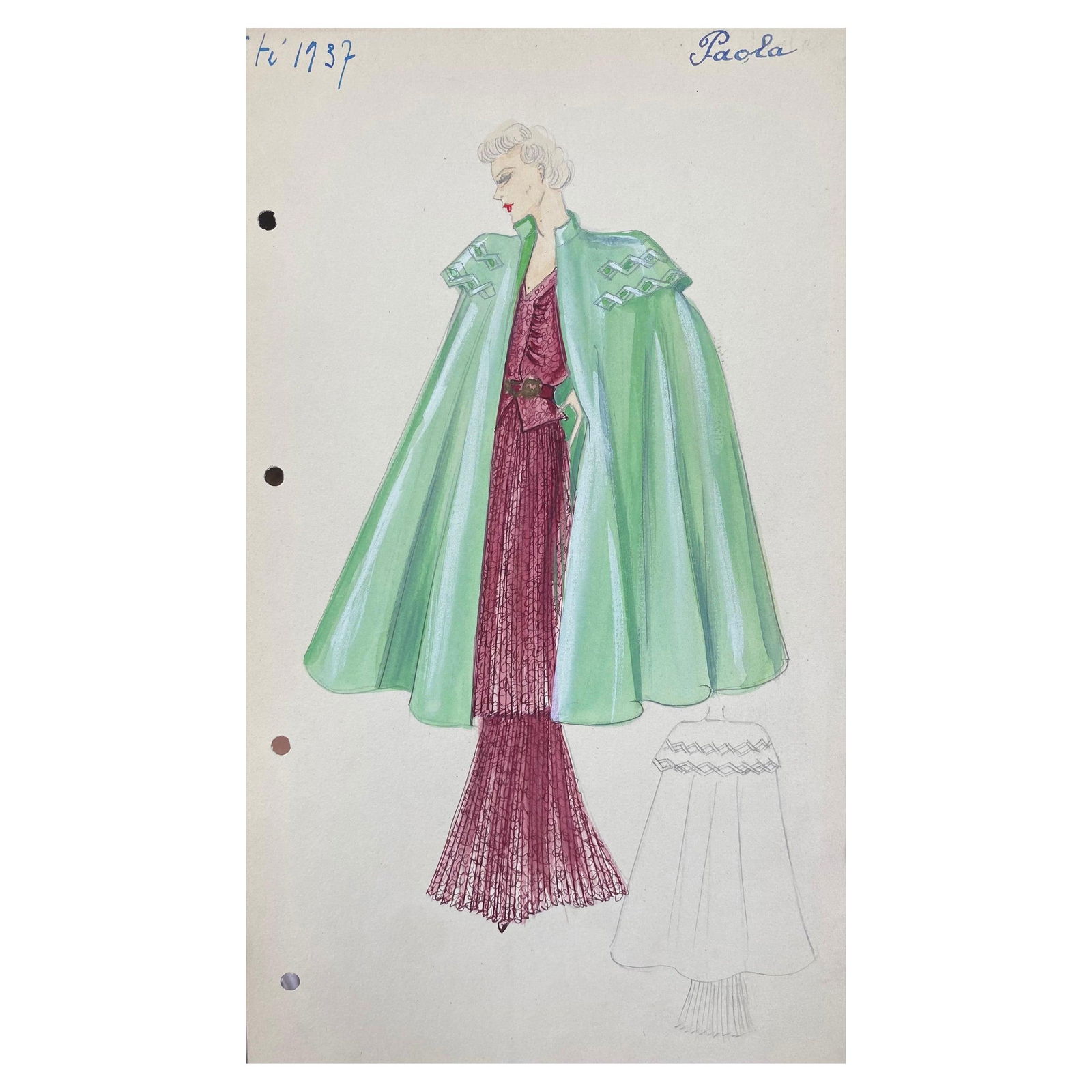 1930's Original Parisian Fashion Watercolor Burgandy Dress with Green Cape, circa 1930s: Title: 1930's Original Parisian Fashion Watercolor Burgandy Dress with Green Cape, circa 1930s Description: Classical Bird print, after John James Audubon, printed by Harry N. Abrams, Publishers, New
