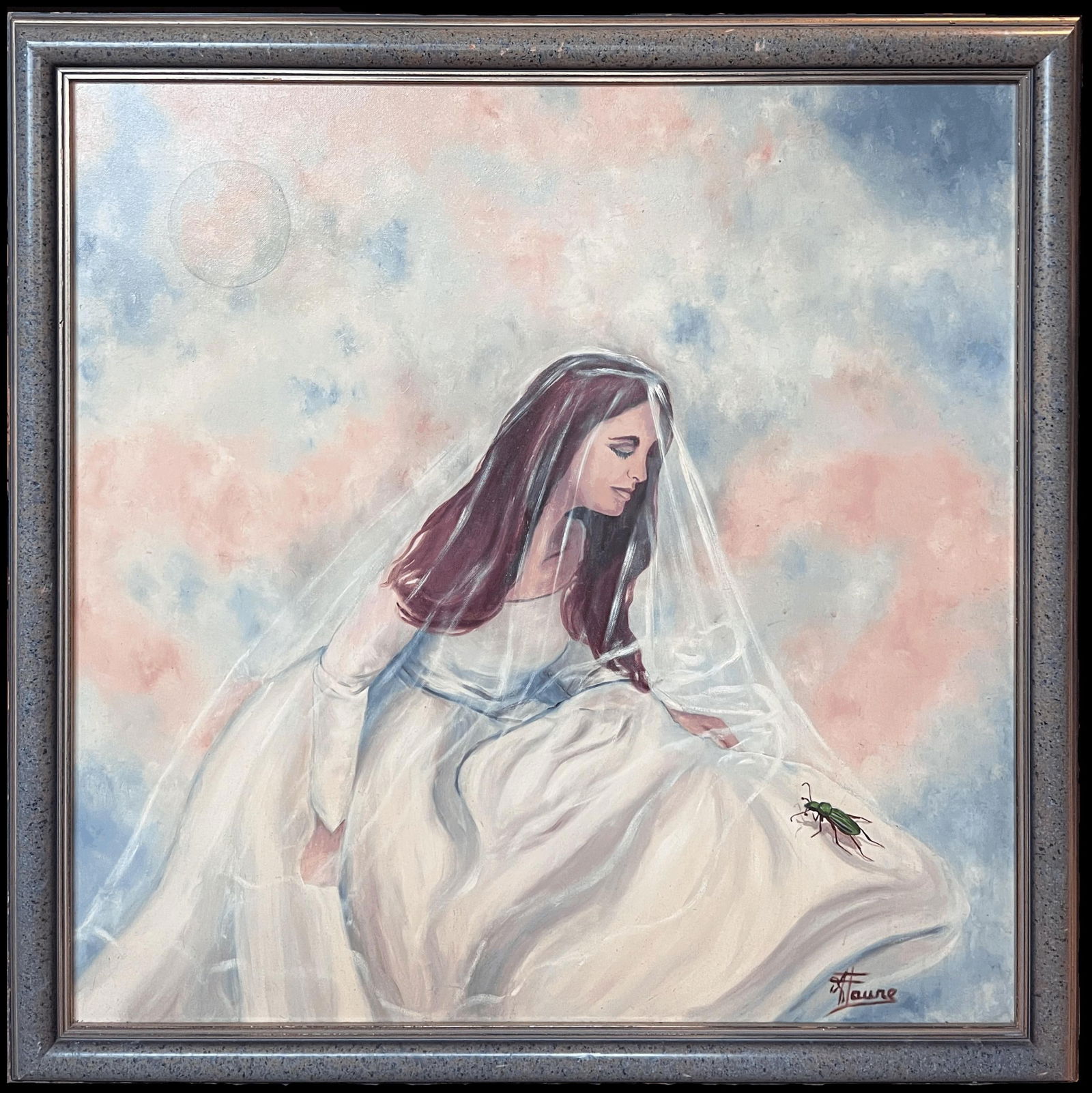 Annie Faure; Portrait of Young Lady in Wedding Dress Large 20th Century French Oil Painting: Title: Annie Faure; Portrait of Young Lady in Wedding Dress Large 20th Century French Oil Painting Description: Nu Aux Voiles Bleus' by Henri Fuss (French, 1930-1985) signed, dated and titled oil on