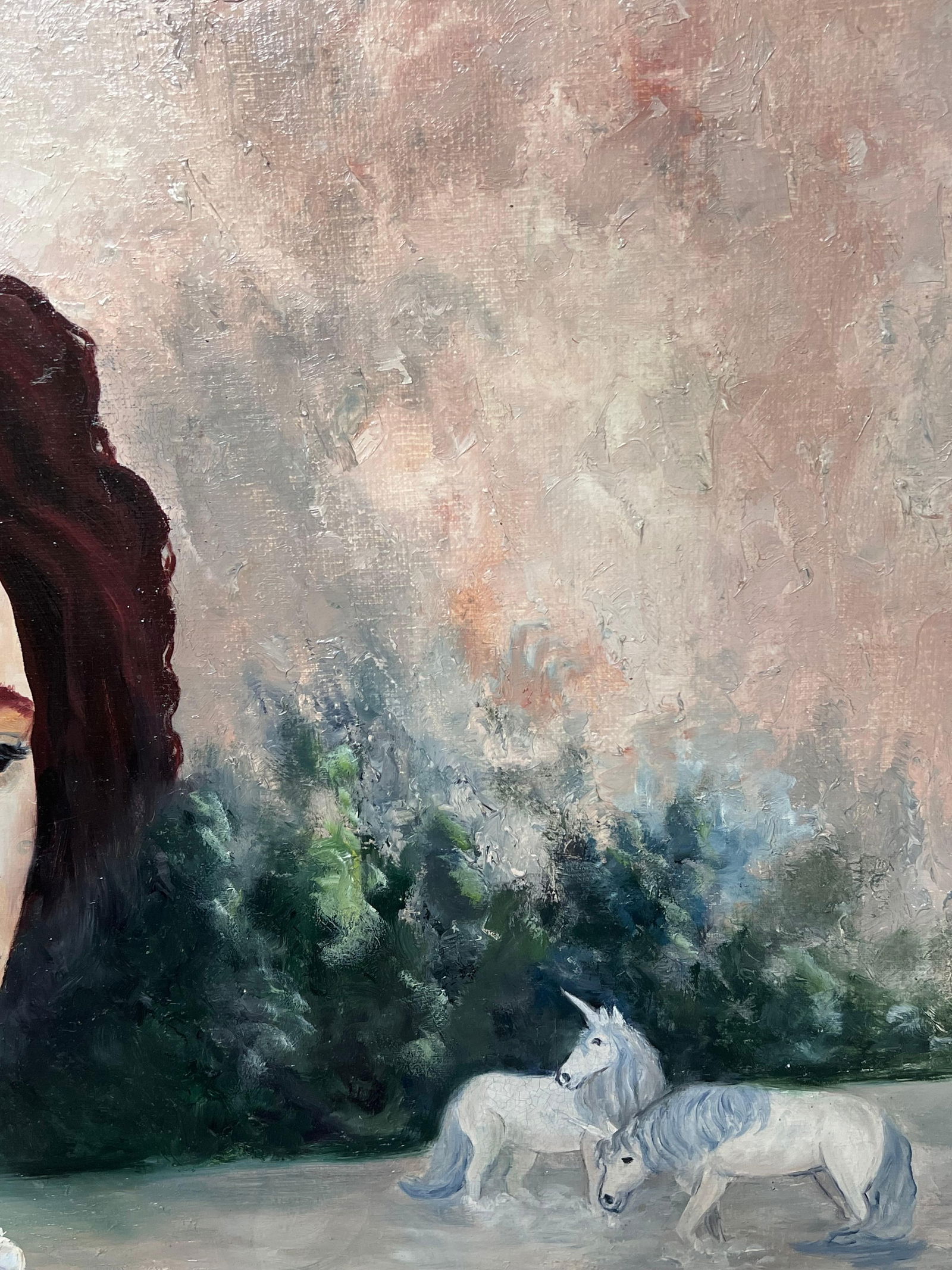 Annie Faure; Unicorns & Female Portrait in Mythological Landscape French Oil Painting - 7