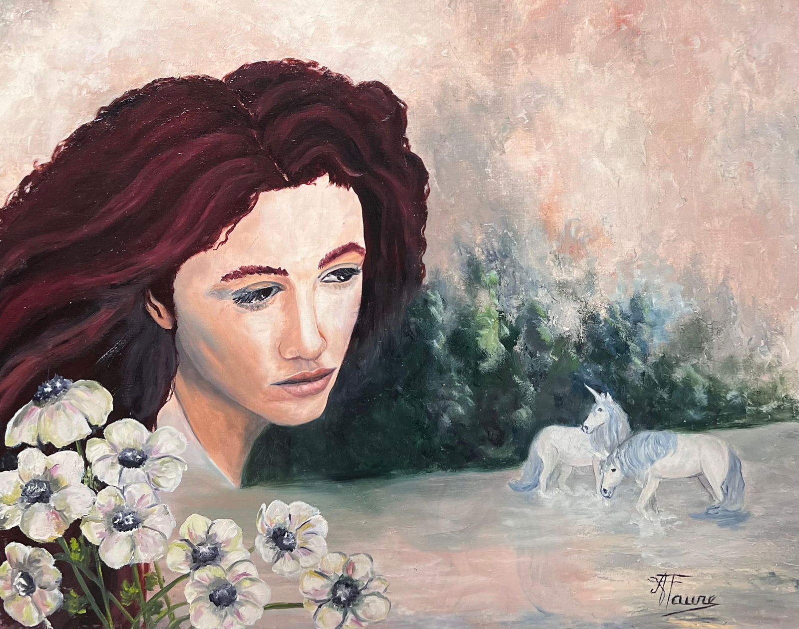 Annie Faure; Unicorns & Female Portrait in Mythological Landscape French Oil Painting - 4