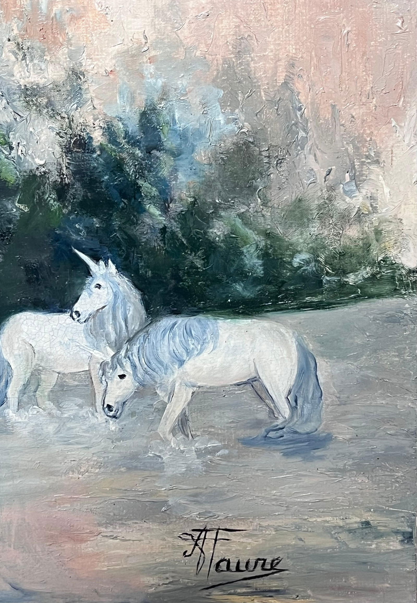 Annie Faure; Unicorns & Female Portrait in Mythological Landscape French Oil Painting - 6