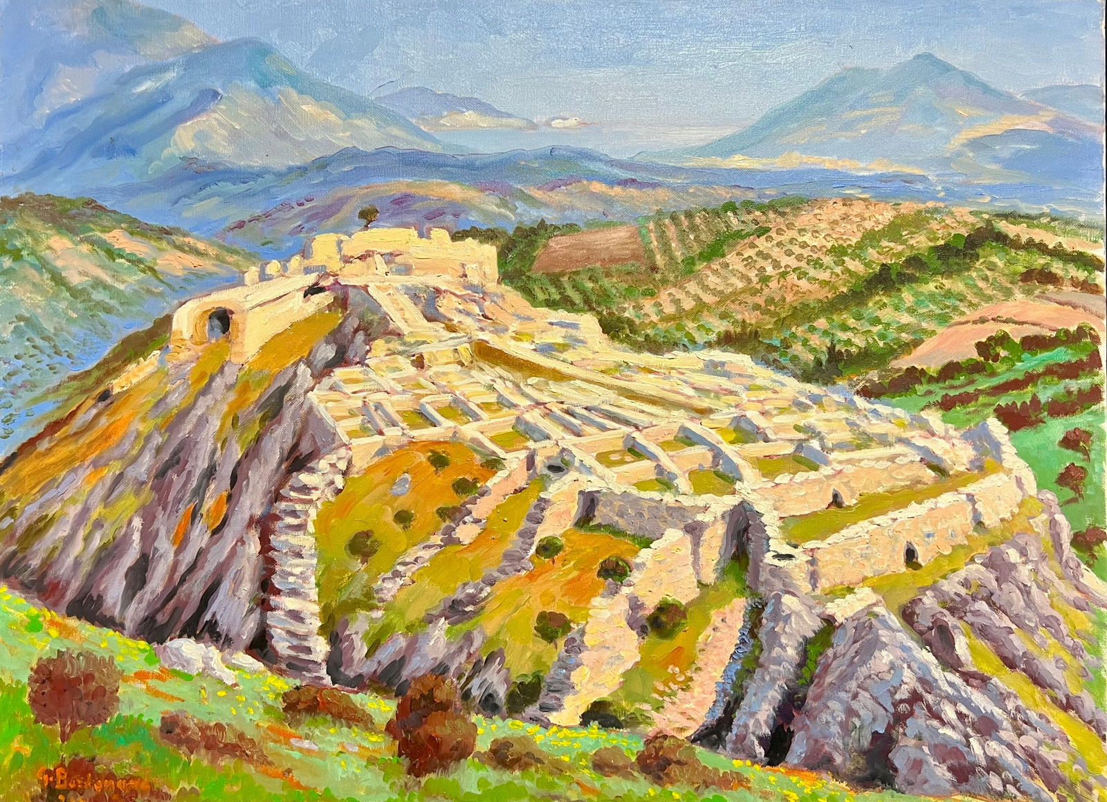 Georges Bordonove; French Impressionist Historic Fortress Amidst Rolling Green Fields Oil Painting - 4