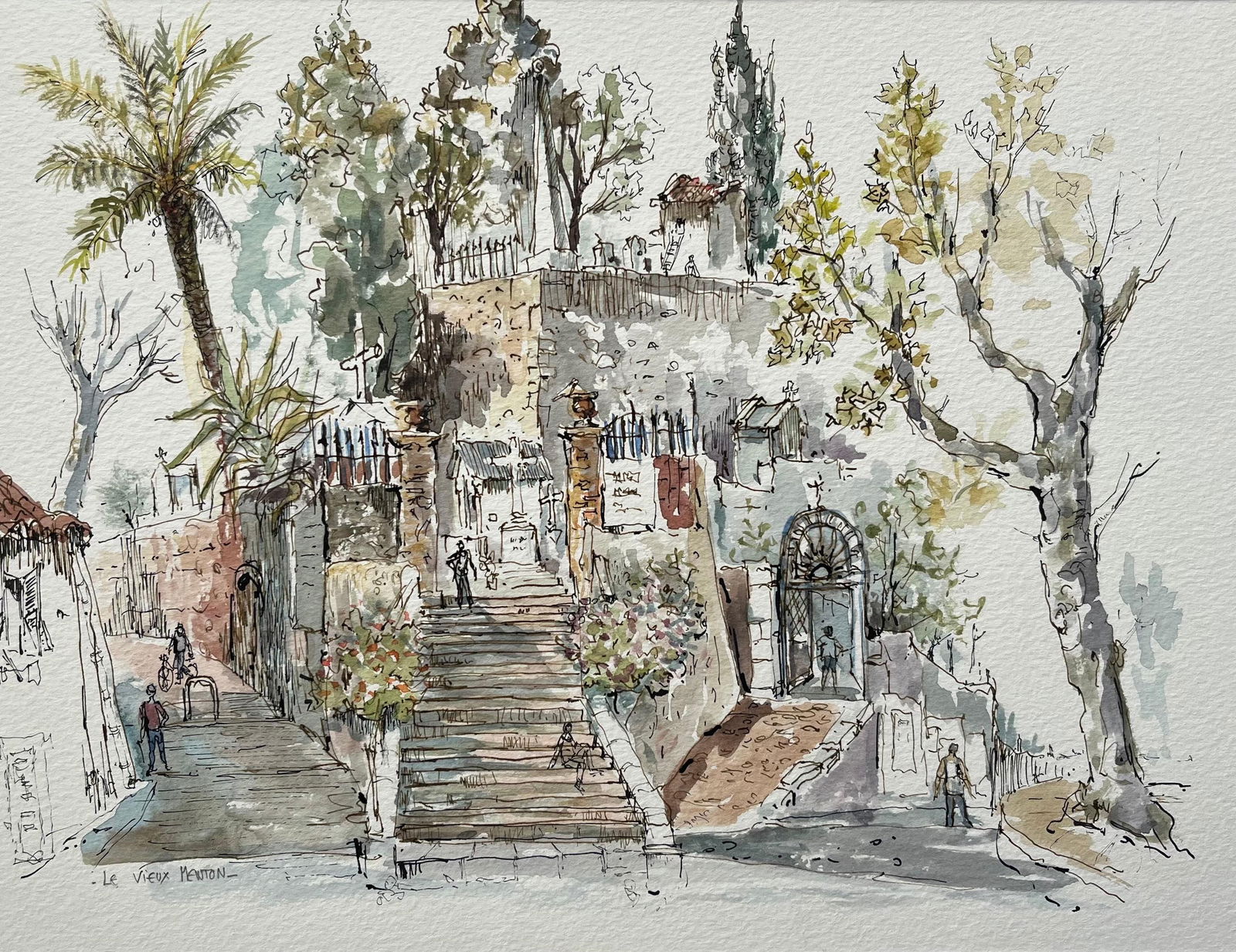 Robert Lepine (1929 - 2017); French Watercolor of Le Vieux Menton Staircase with Historic (1 of 11)