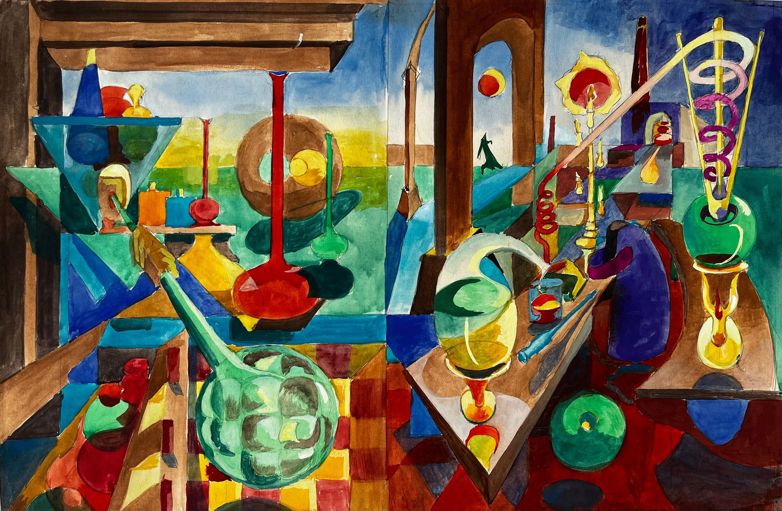 Guy Nicod; Cubist Still Life With Glass Bottles Vessels And Abstract Architectural Interior (1 of 13)