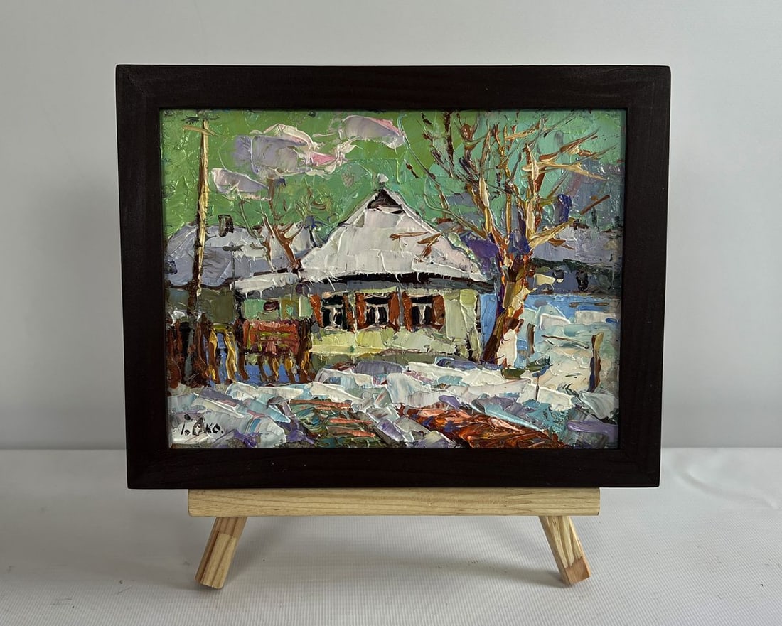 Oil painting Saturday winter day Oksana Kalenyuk: Title: Oil painting Saturday winter day Oksana Kalenyuk Description: NoAAA4520 The painting "Saturday Winter Day" transports the viewer into a serene and quiet village scene, where winter blankets the