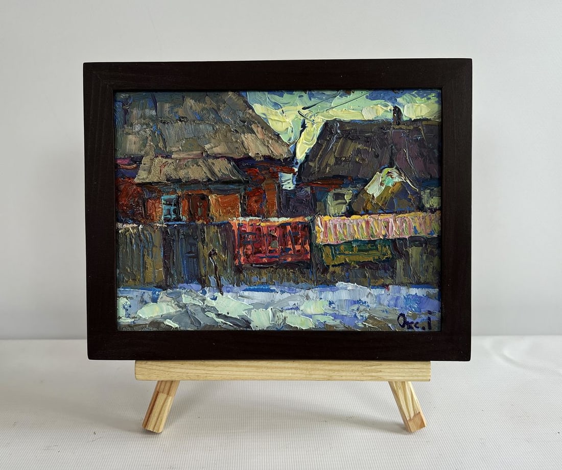 Oil painting Sunset behind the rooftops Oksana Kalenyuk: Title: Oil painting Sunset behind the rooftops Oksana Kalenyuk Description: NoAAA4525 The painting "Sunset Behind the Rooftops" captures the tranquil atmosphere of a village at dusk, where the fading