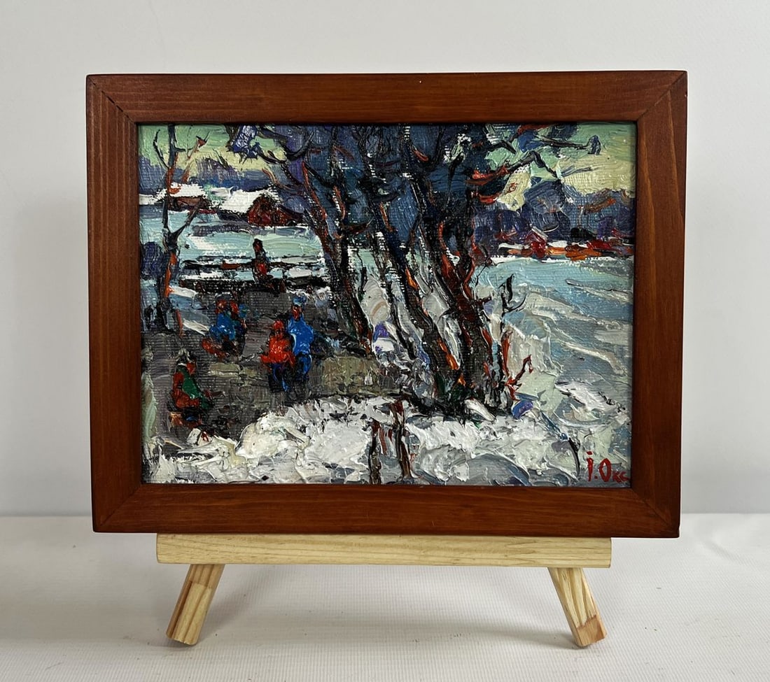 Oil painting First winter ice Oksana Kalenyuk: Title: Oil painting First winter ice Oksana Kalenyuk Description: NoAAA4678 The oil painting on canvas titled "First Winter Ice" is a stunning impressionistic depiction of a winter landscape, capturin