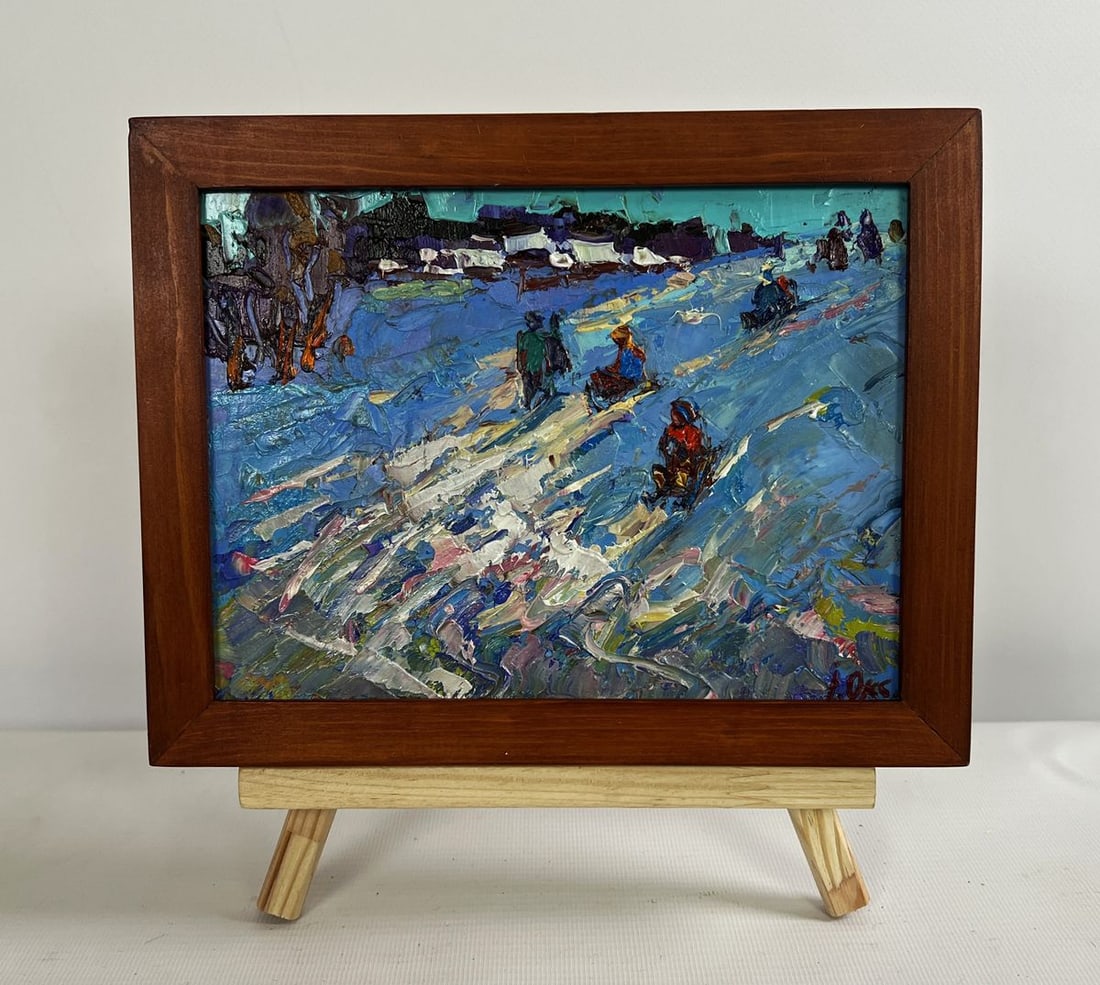 Oil painting Until the winter twilight Oksana Kalenyuk: Title: Oil painting Until the winter twilight Oksana Kalenyuk Description: NoAAA4701 The oil painting on cardboard titled "Until the Winter Twilight" captures the joy and liveliness of a snowy day
