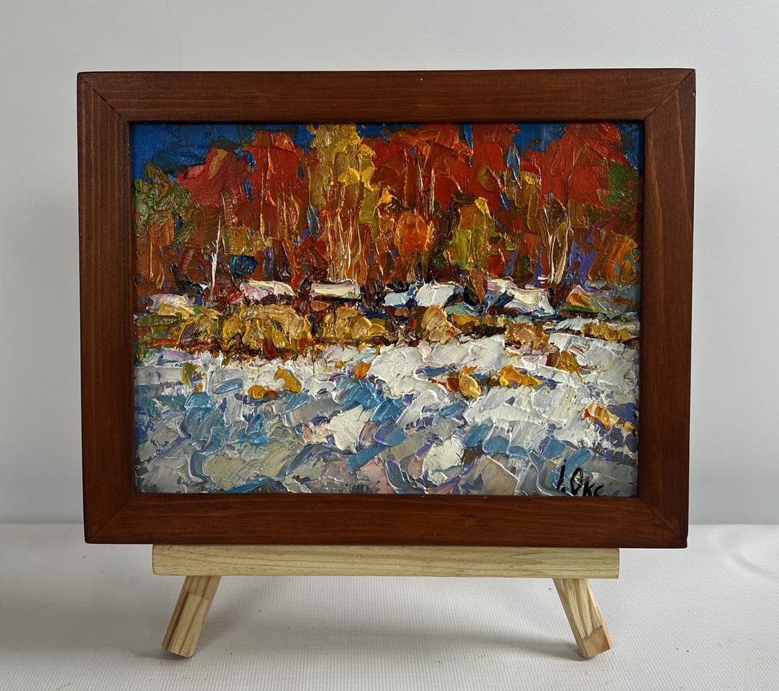 Oil painting Sunny winter day Oksana Kalenyuk: Title: Oil painting Sunny winter day Oksana Kalenyuk Description: NoAAA4708 The oil painting on cardboard titled "Sunny Winter Day" captures the beauty of a bright, snow-covered landscape bathed in go