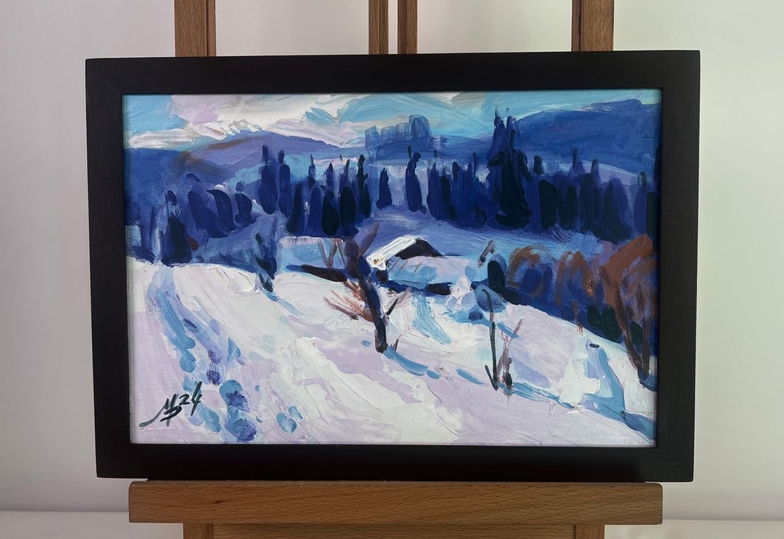 Acrylic painting Village in the winter forest Mykhailo Patskan: Title: Acrylic painting Village in the winter forest Mykhailo Patskan Description: NoAAA4806 The acrylic painting on cardboard titled "Village in the Winter Forest" captures the quiet beauty of a