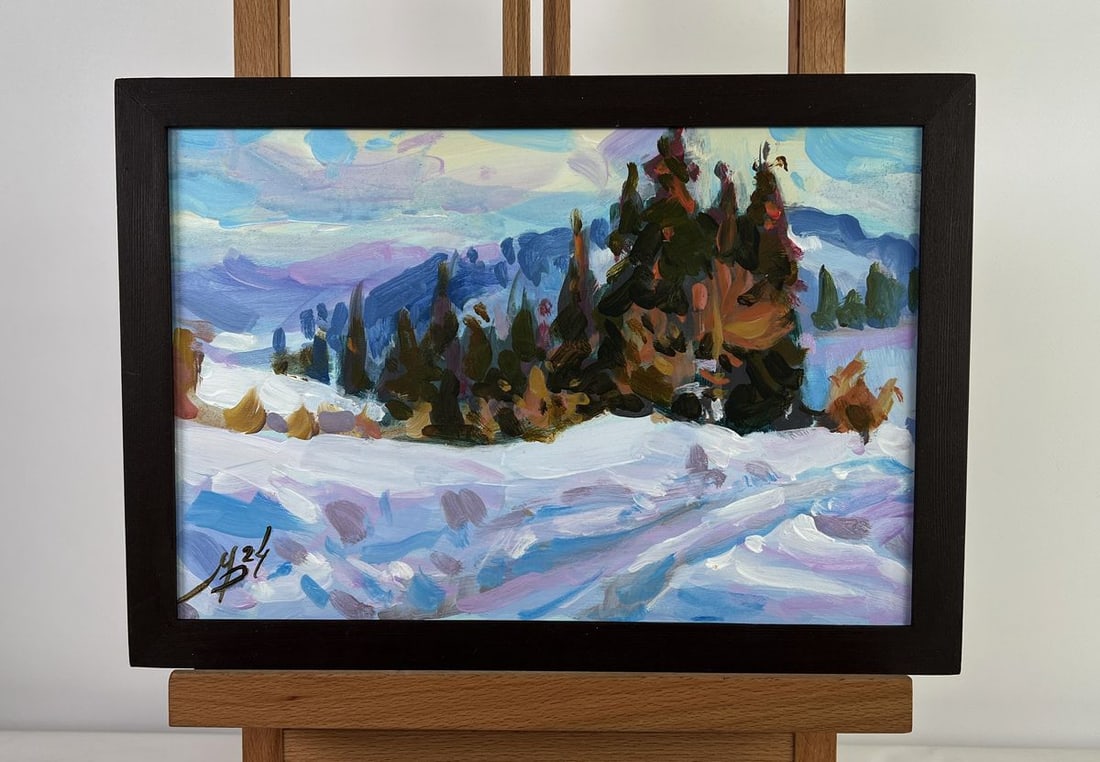 Acrylic painting Path in the winter forest Mykhailo Patskan: Title: Acrylic painting Path in the winter forest Mykhailo Patskan Description: NoAAA4811 The acrylic painting on cardboard titled "Path in the Winter Forest" captures the essence of a serene and