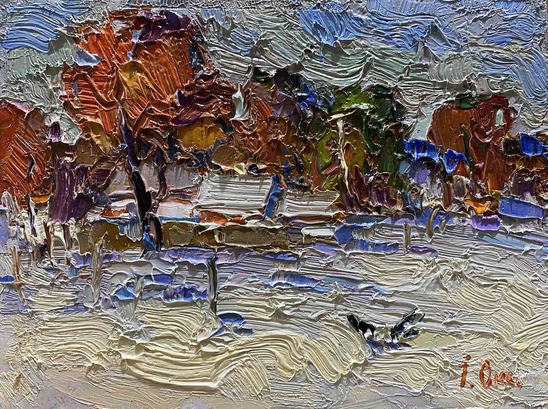 Oil painting Winter day Oksana Kalenyuk: Title: Oil painting Winter day Oksana Kalenyuk Description: NoKalen 1228 "Winter Day" is a captivating oil painting that transports viewers into the serene beauty of a cold winter landscape. The artis