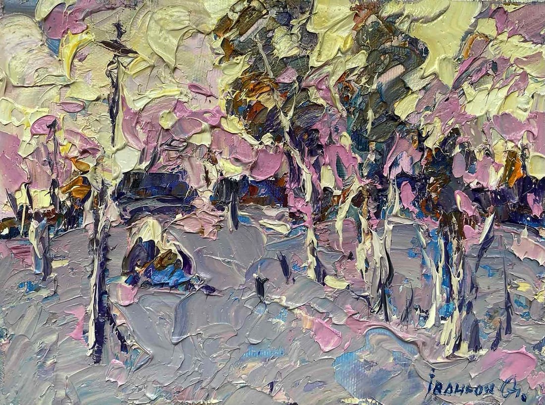 Oil painting Winter evening Oksana Kalenyuk: Title: Oil painting Winter evening Oksana Kalenyuk Description: NoKalen 1247 The oil painting titled "Winter Evening" is an impressionistic rendering that captures the quietude and subdued palette of