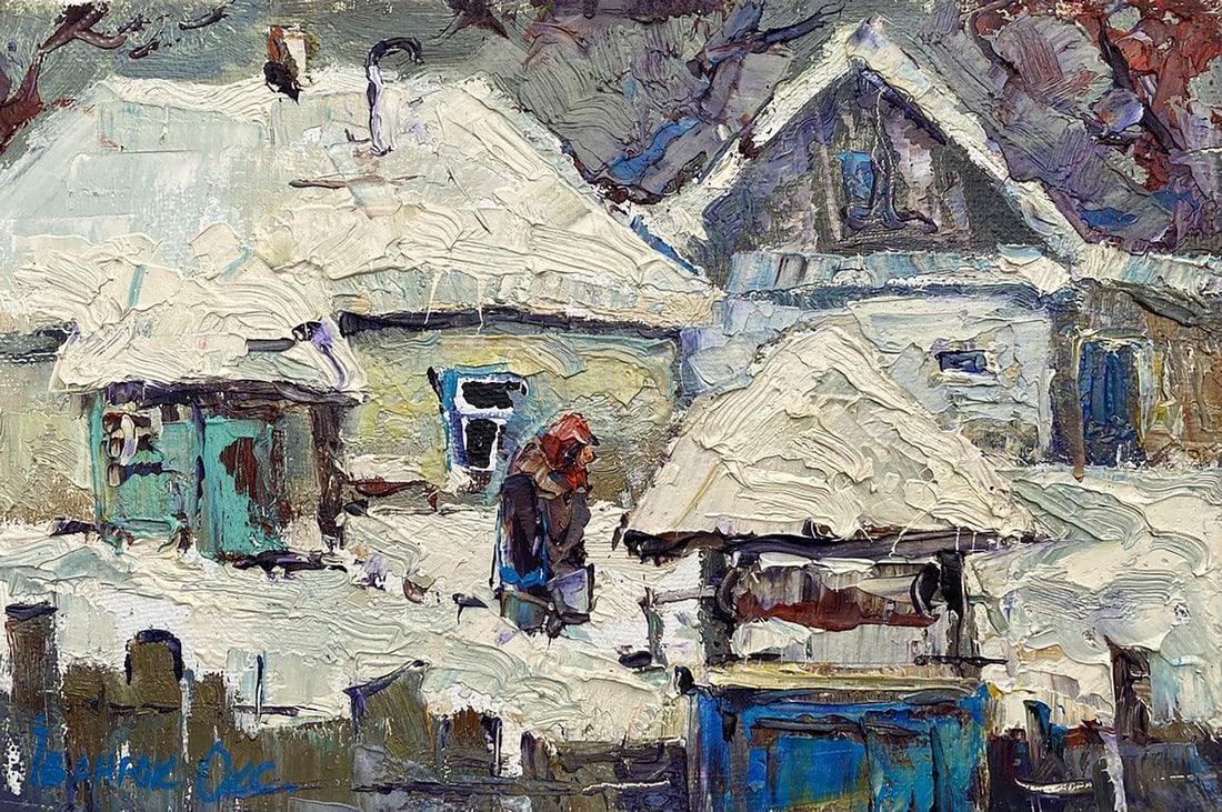 Oil painting Snow covered yard Kalenyuk Oksana: Title: Oil painting Snow covered yard Kalenyuk Oksana Description: NoKalen 1176 "Snow Covered Yard" is a masterful oil painting that captures the essence of a tranquil winter day. The scene presents a