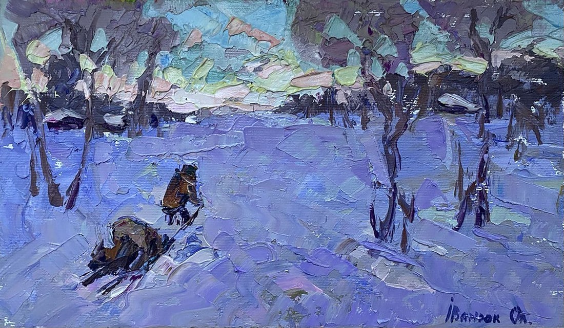 Oil painting Winter evening Alex Kalenyuk: Title: Oil painting Winter evening Alex Kalenyuk Description: NoKalen 1265 The oil painting "Winter Evening" is a textured portrayal of a tranquil snowy landscape as dusk begins to settle. Utilizing t
