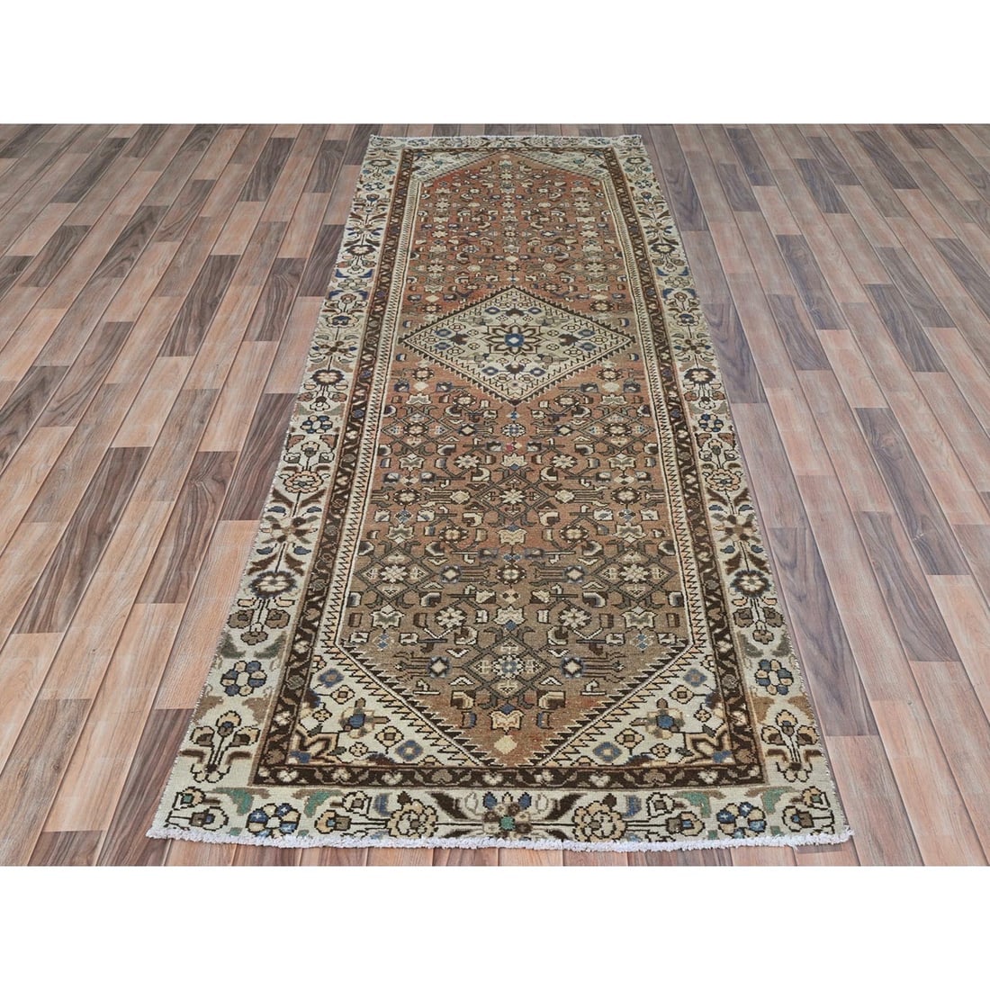 Almond Brown Vintage Persian Hamadan Hand Knotted Pure Wool Runner Rug - 2
