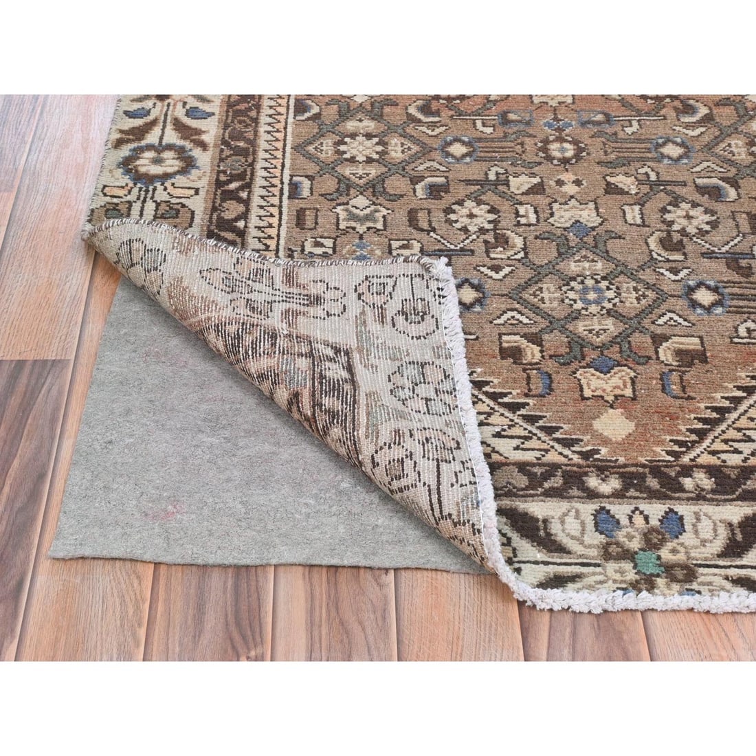 Almond Brown Vintage Persian Hamadan Hand Knotted Pure Wool Runner Rug - 3