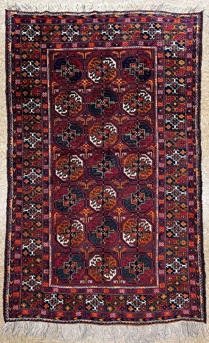 Antique Persian Balouch Hand Knotted Tribal Maroon Wool Oriental Area Rug 4'1" x 6'7" - 11
