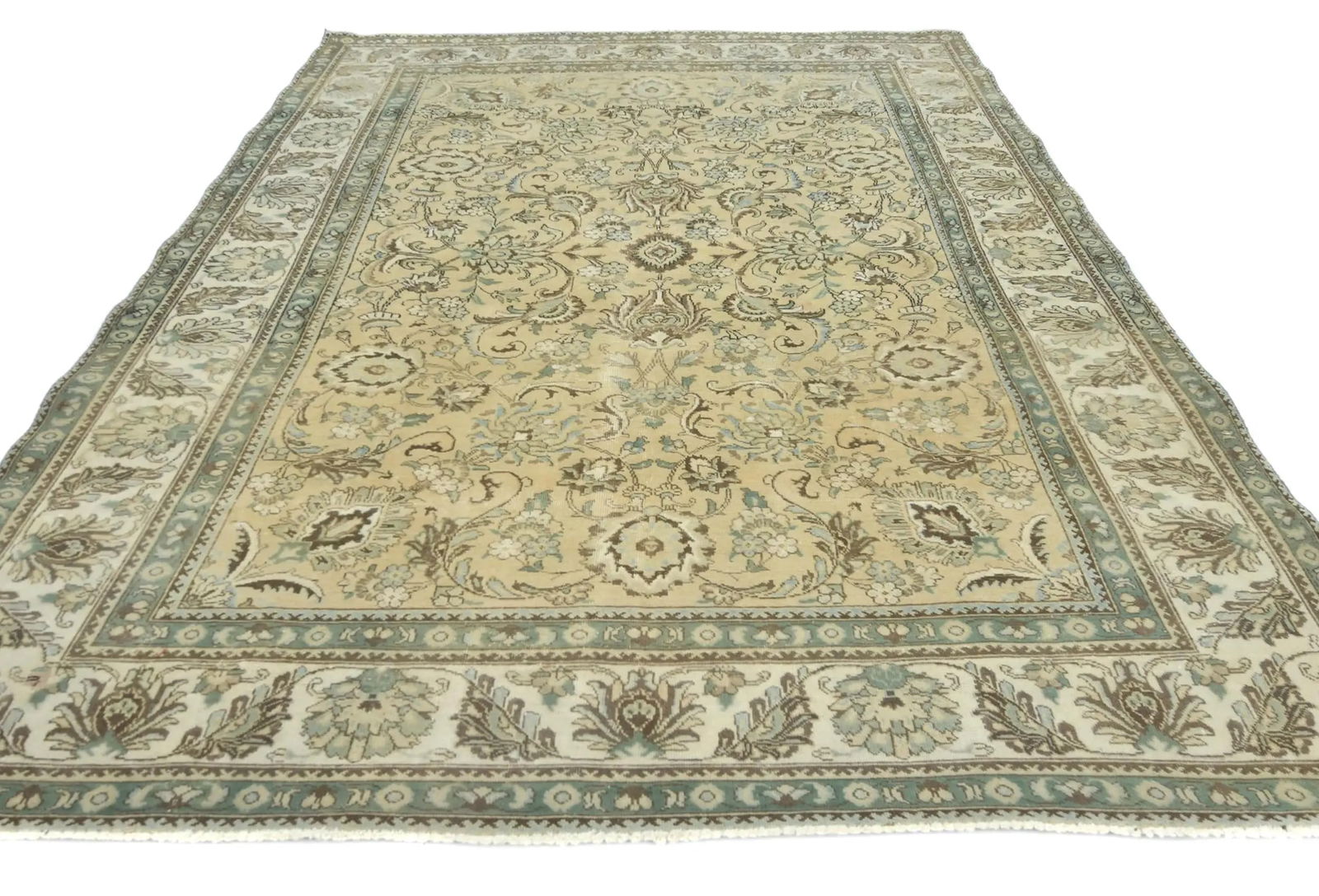 Semi Antique Muted Beige Floral 8X11 Distressed Vintage Oriental Rug - 2