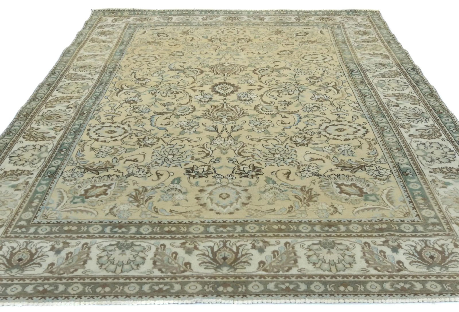 Semi Antique Muted Beige Floral 8X11 Distressed Vintage Oriental Rug - 9