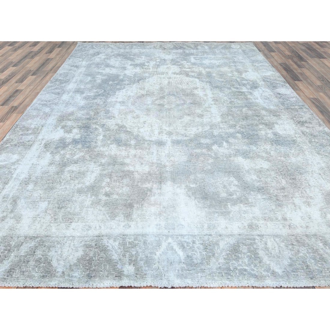 Blueish Gray, Worn Wool, Hand Knotted Vintage Persian Tabriz Rug - 2