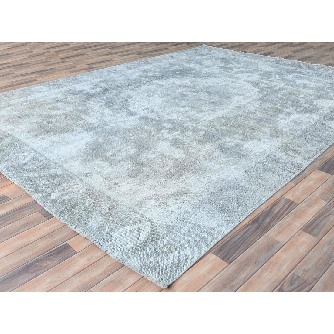 Blueish Gray, Worn Wool, Hand Knotted Vintage Persian Tabriz Rug - 3