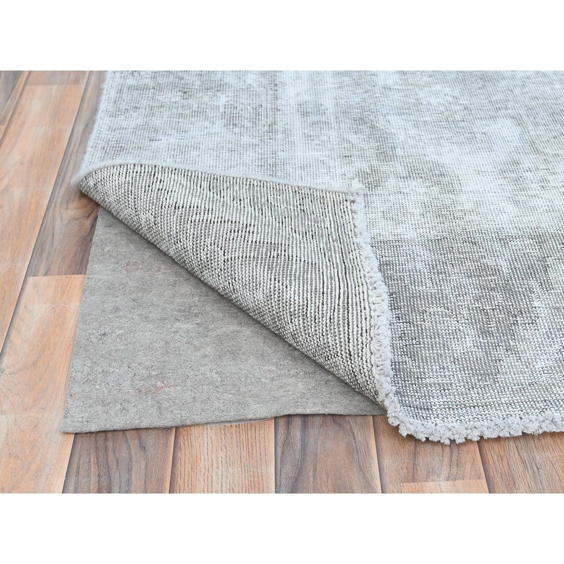 Blueish Gray, Worn Wool, Hand Knotted Vintage Persian Tabriz Rug - 4