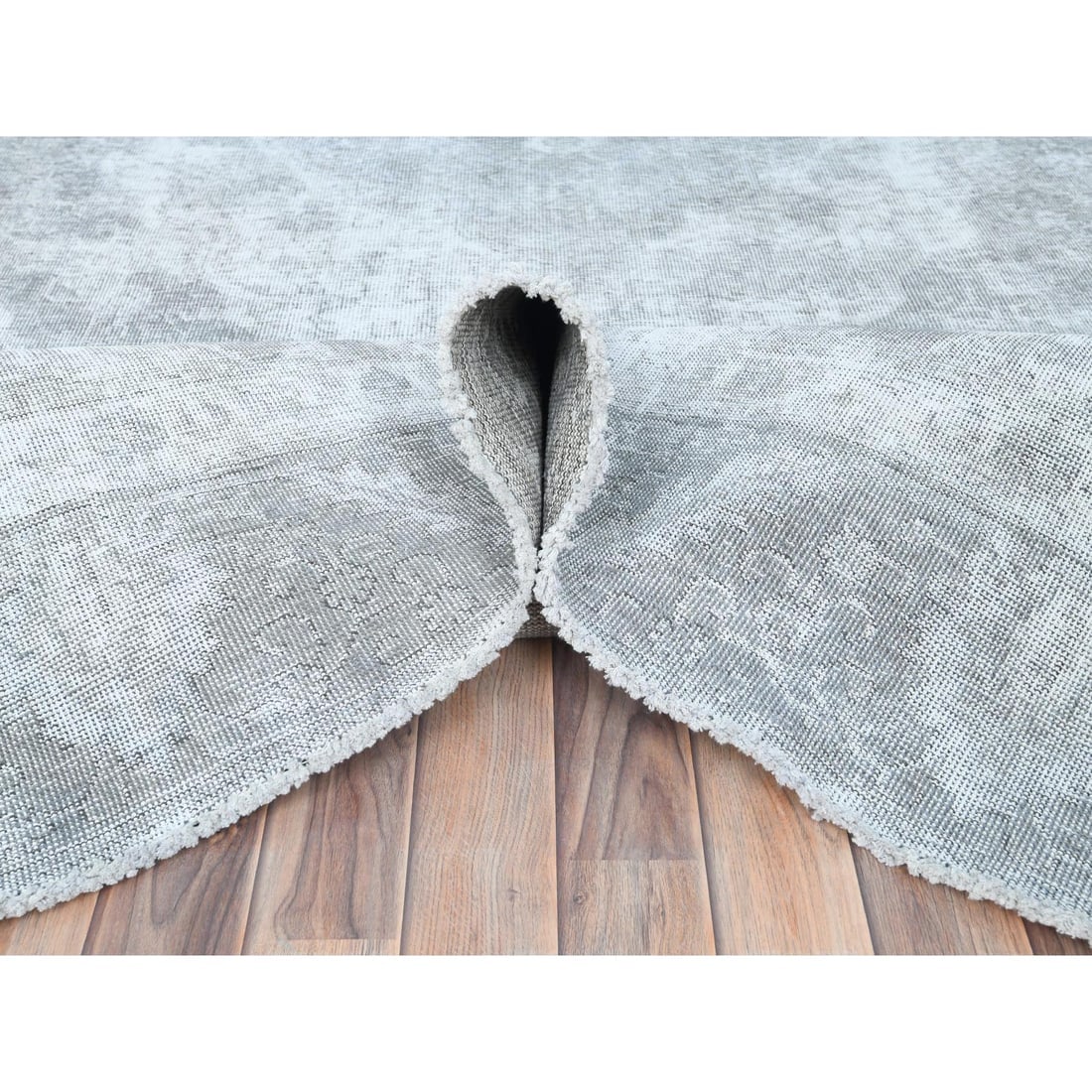 Blueish Gray, Worn Wool, Hand Knotted Vintage Persian Tabriz Rug - 5