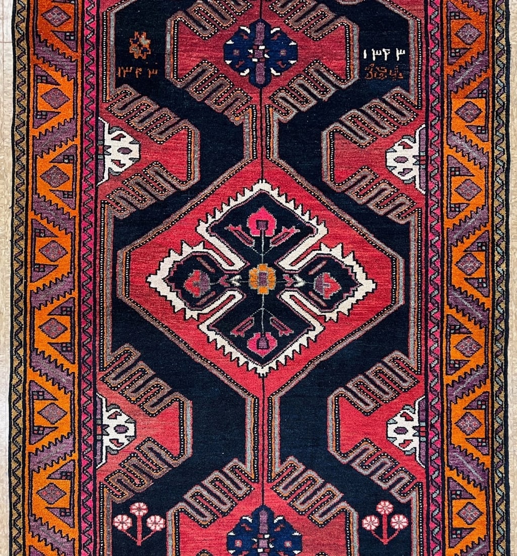 Antique Persian Hamedan Hand-Knotted Navy Geometric Wool Area Rug 4'11"x9'5" - 4