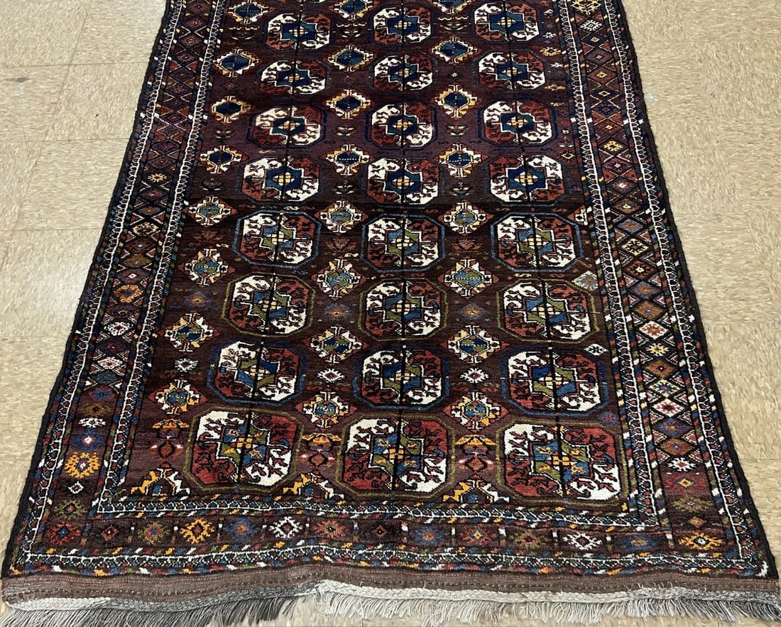 Antique Persian Tribal Balouch Hand-Knotted Brown Wool Geometric Rug 4'4" x 8'7" - 11
