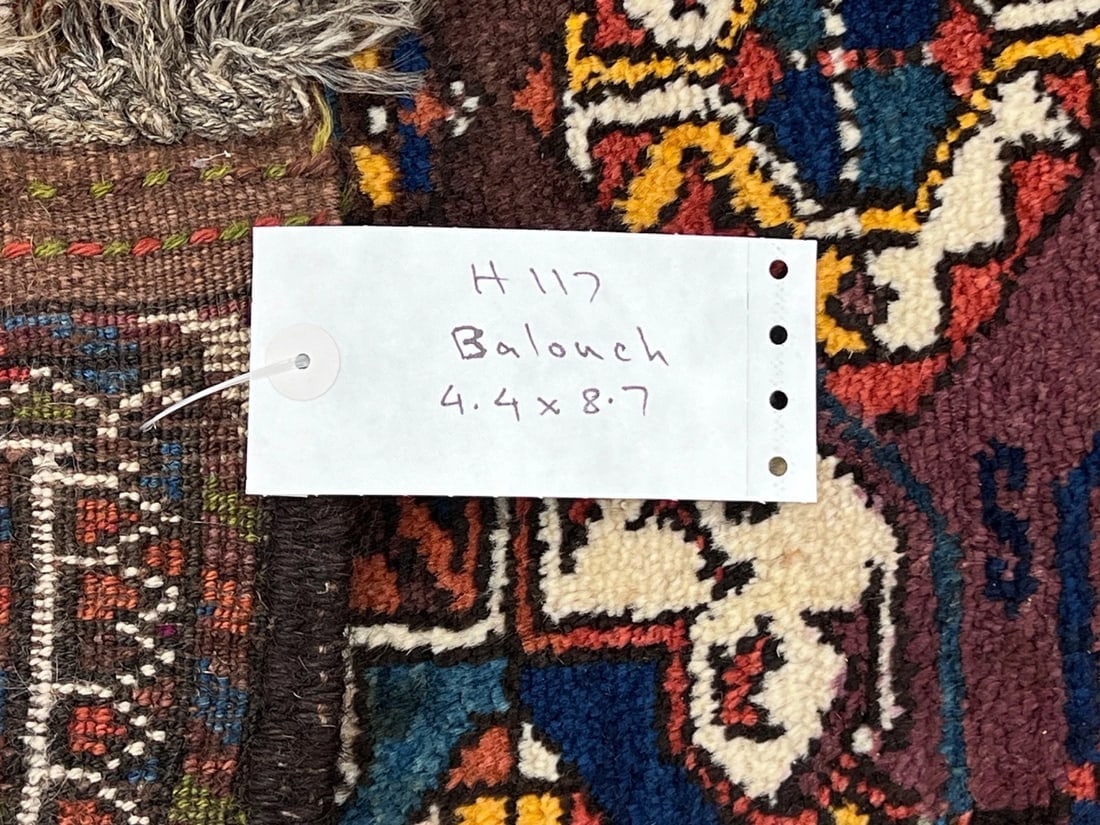 Antique Persian Tribal Balouch Hand-Knotted Brown Wool Geometric Rug 4'4" x 8'7" - 15