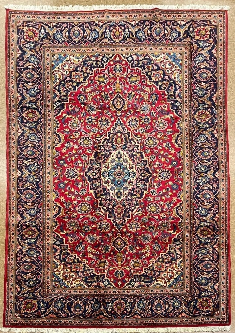 Hand-Knotted Persian Kashan Red Semi-Antique 1970s Oriental Area Rug Carpet 6'4" x 10'9" - 12