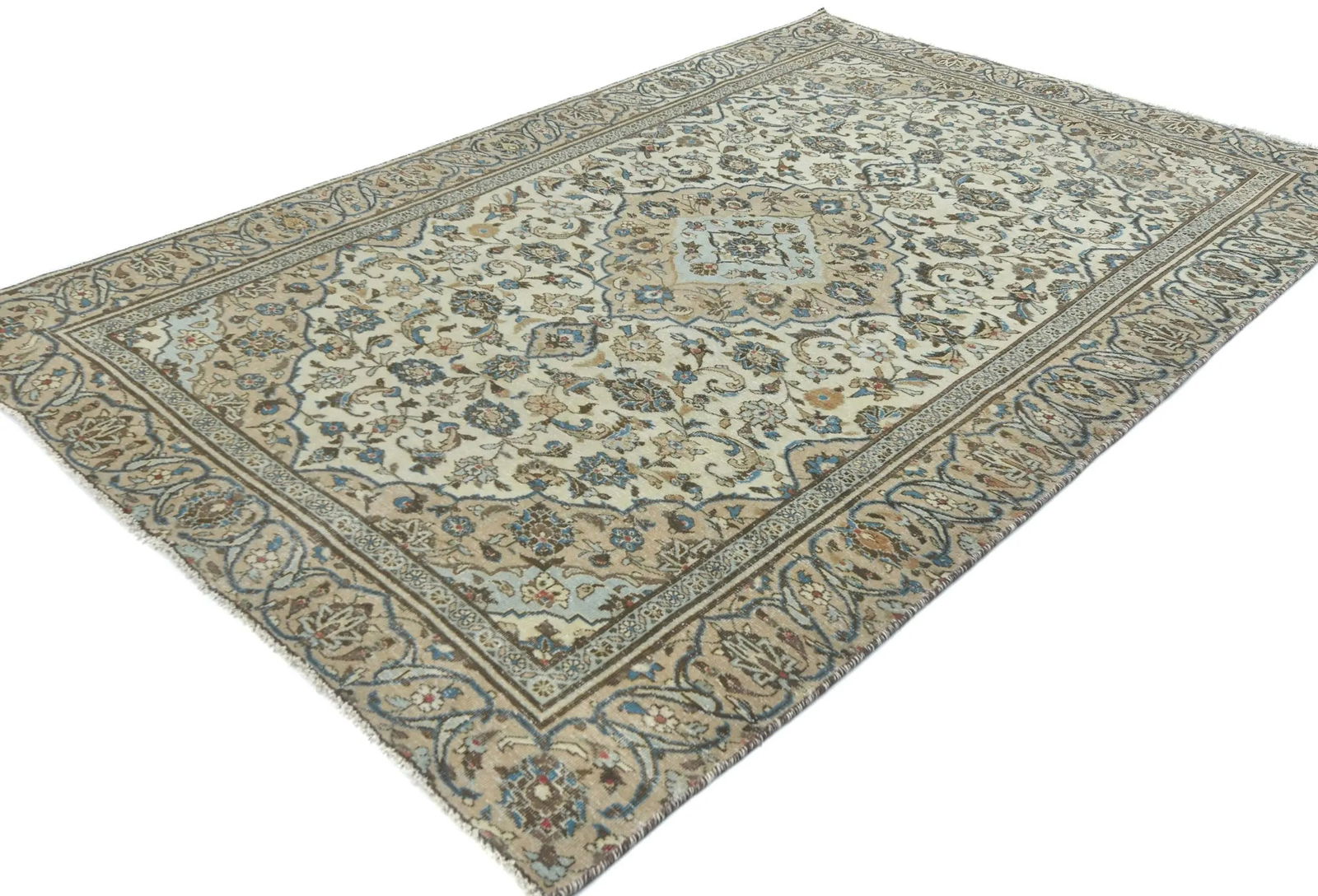 Semi Antique Muted Cream Floral 6X9 Distressed Vintage Oriental Rug - 3