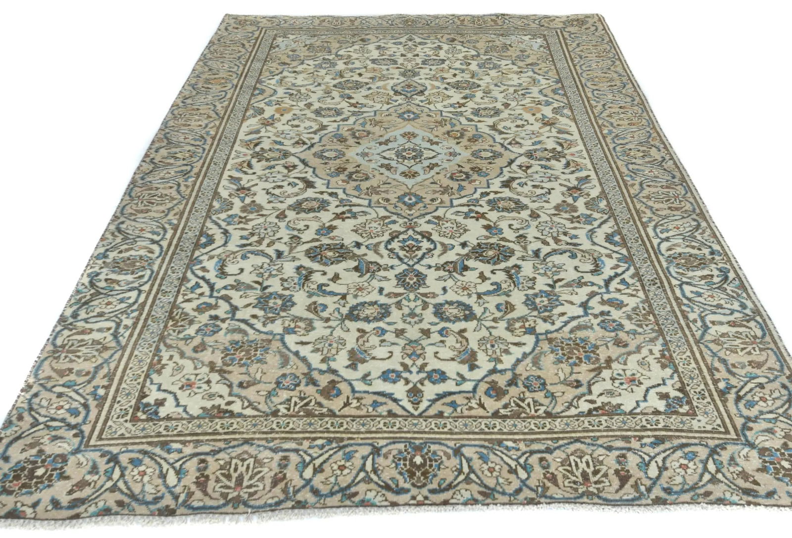 Semi Antique Muted Cream Floral 6X9 Distressed Vintage Oriental Rug - 9