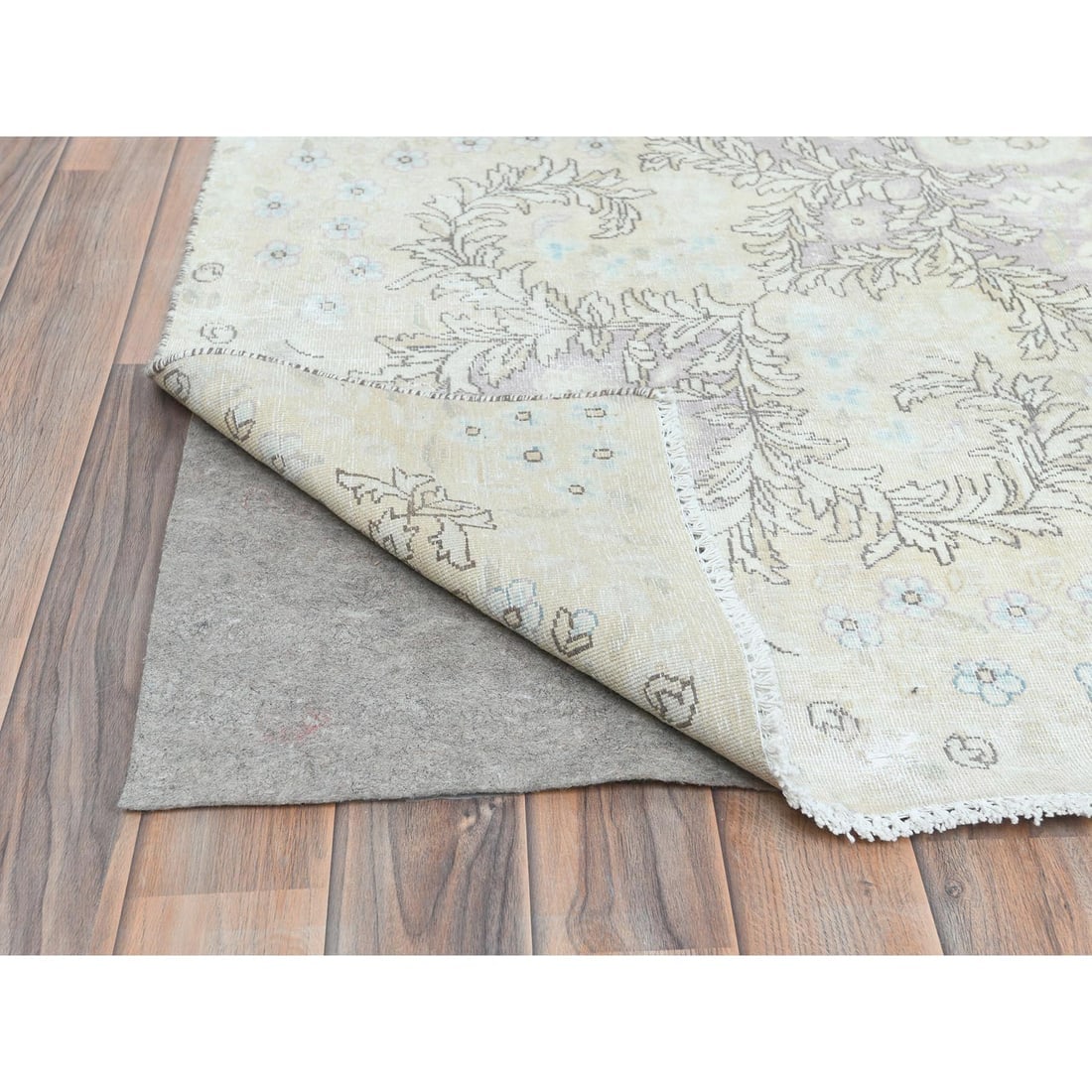 Ivory Vintage Persian Kerman Abrash Hand Knotted Worn Wool Rug - 4