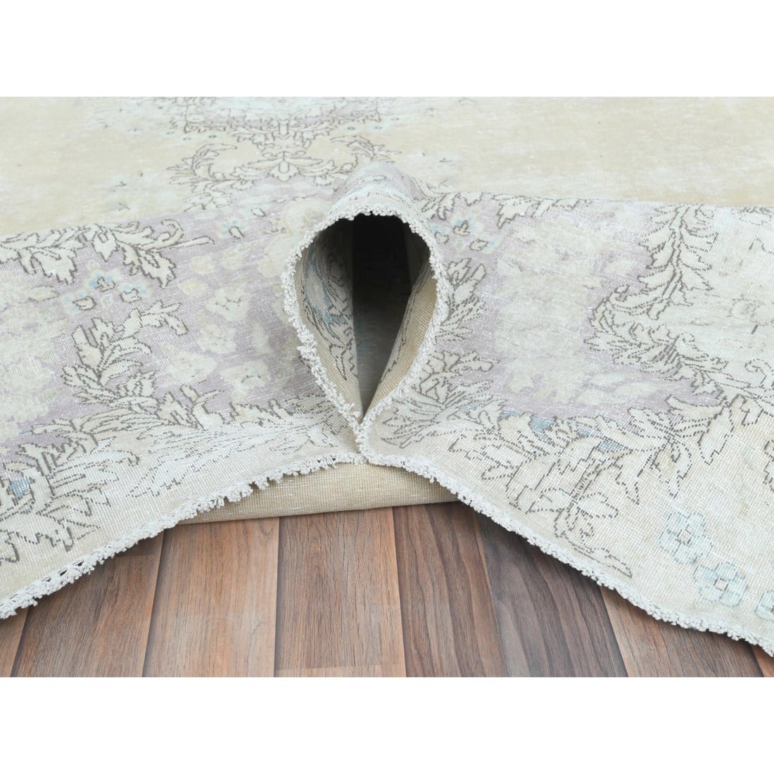 Ivory Vintage Persian Kerman Abrash Hand Knotted Worn Wool Rug - 5