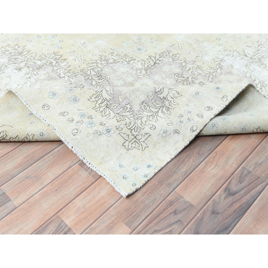 Ivory Vintage Persian Kerman Abrash Hand Knotted Worn Wool Rug - 6