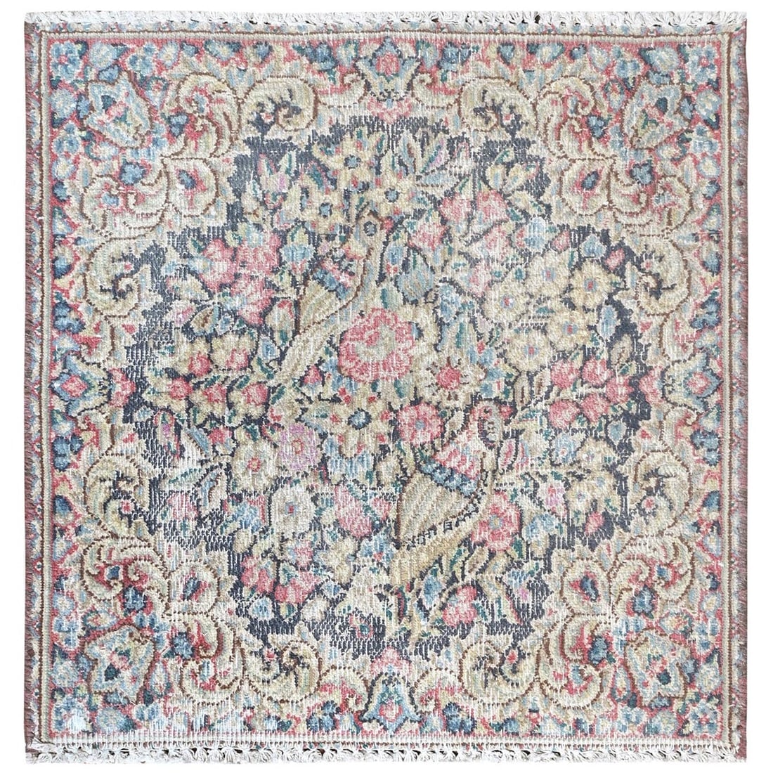 Colorful, Worn Wool Hand Knotted, Vintage Persian Kerman Square Rug (1 of 7)