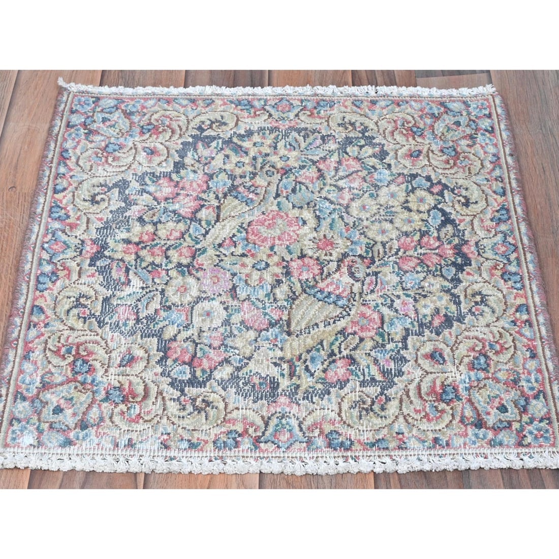 Colorful, Worn Wool Hand Knotted, Vintage Persian Kerman Square Rug - 2