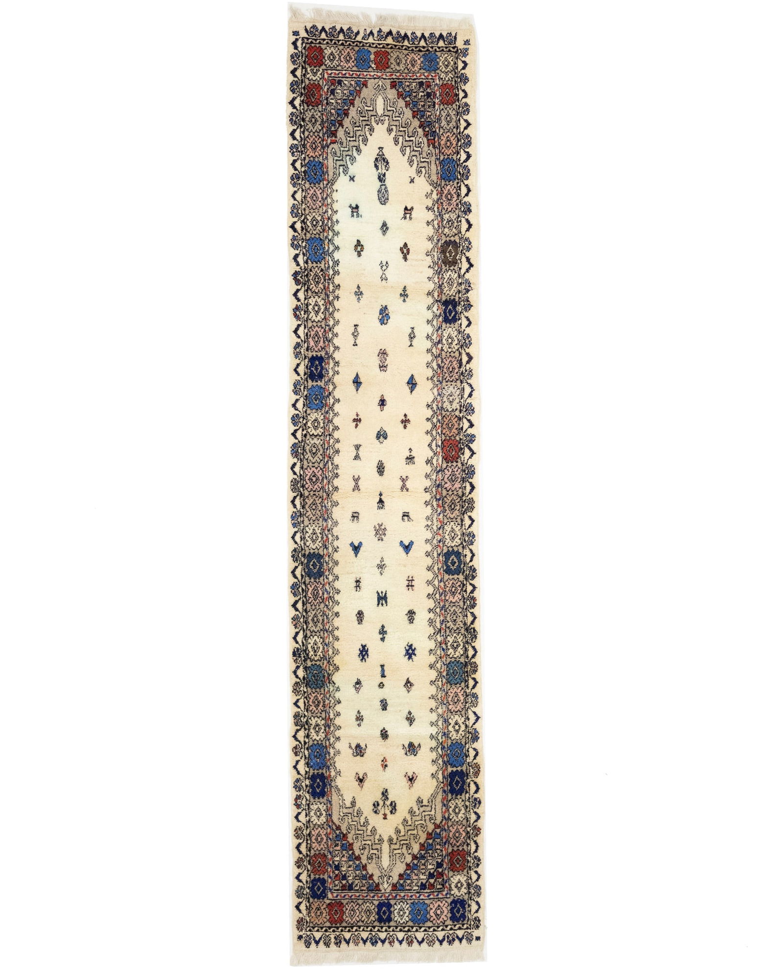 Vintage Cream Pictorial Tribal 2X11 Oriental Runner Rug: Title: Vintage Cream Pictorial Tribal 2X11 Oriental Runner RugDescription:Handmade 2X11 cream oriental runner made with vegetable dyes (fine wool pile and cotton foundation), exceptional knot count,