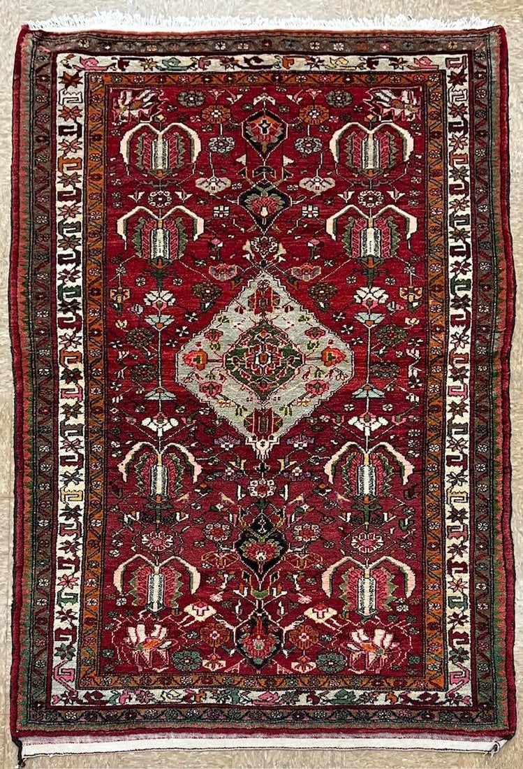Hand-Knotted Sarouk Semi-Antique Wool Reds Blues Oriental Area Rug 4'6" x 6'9" (1 of 11)