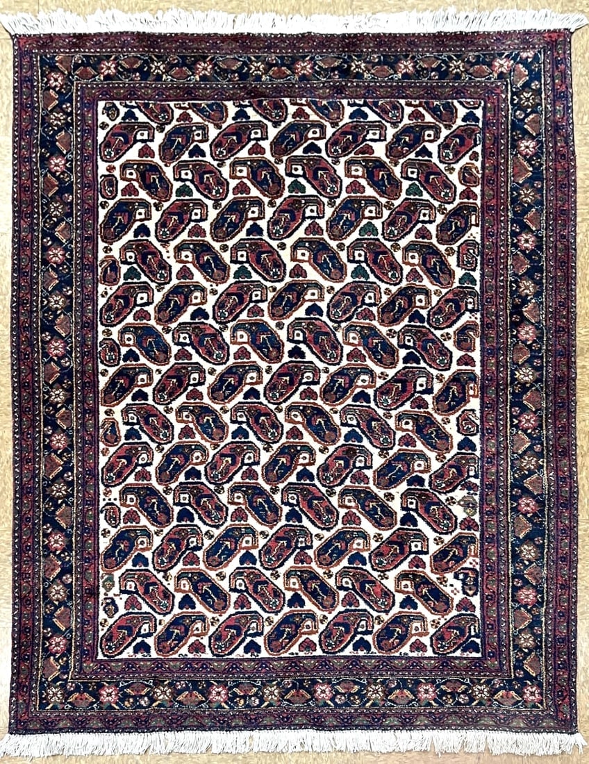 Hand-Knotted Semi-Antique Persian Sirjan Paisley Ivory Wool Oriental Rug 5'5" x 7'2" (1 of 10)