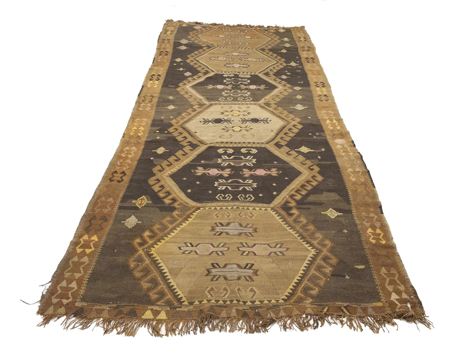 Dark Brown Vintage Tribal 4'8 x 12'4 Kelim Runner Rug - 2