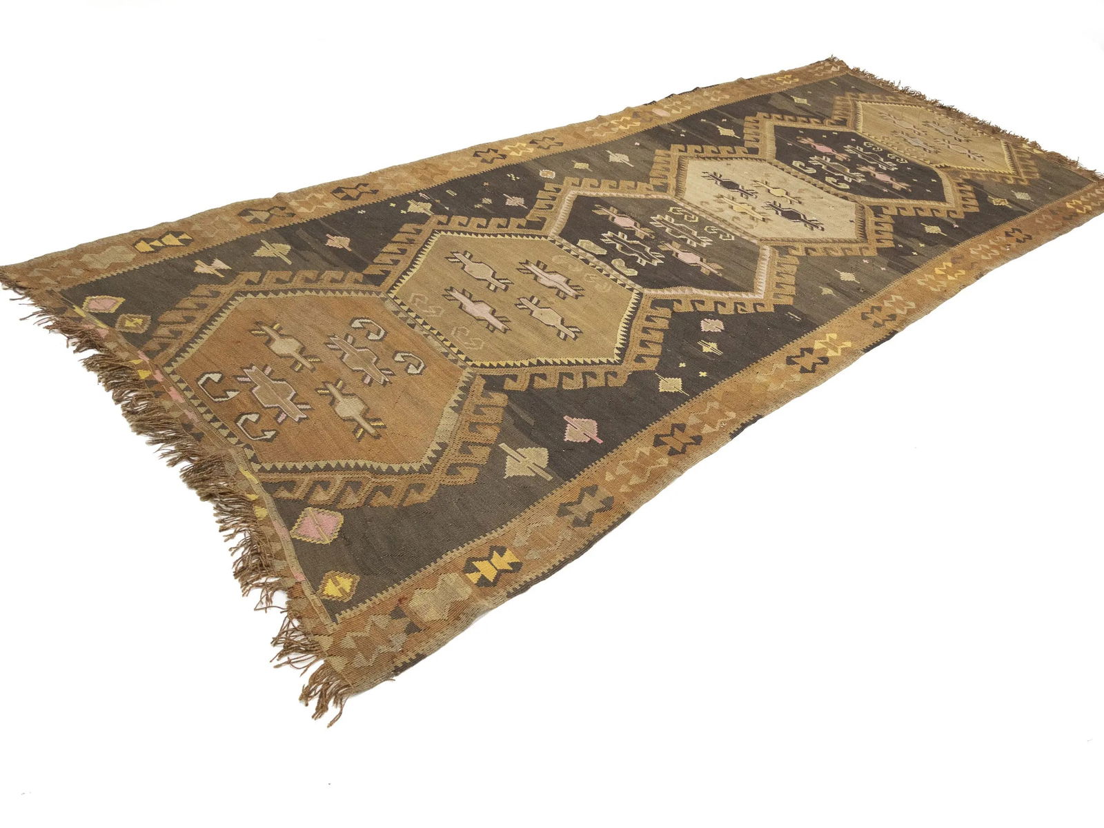 Dark Brown Vintage Tribal 4'8 x 12'4 Kelim Runner Rug - 4