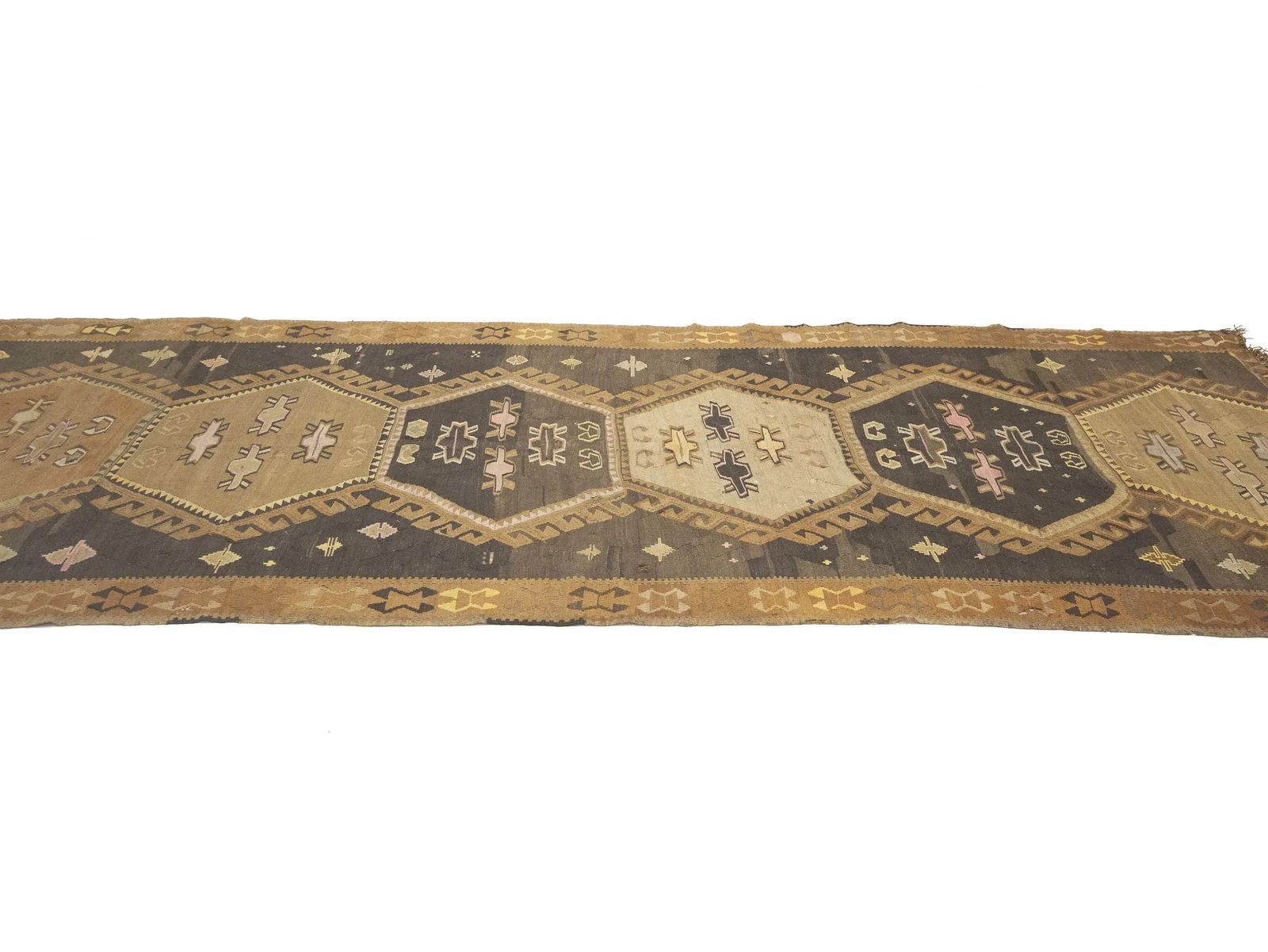 Dark Brown Vintage Tribal 4'8 x 12'4 Kelim Runner Rug - 6