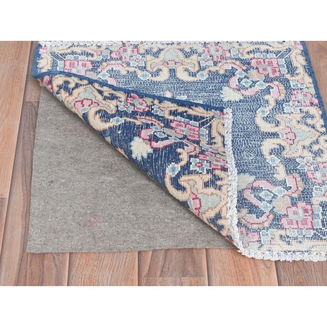 Navy Blue, Worn Wool Hand Knotted, Vintage Persian Kerman Square Rug - 3