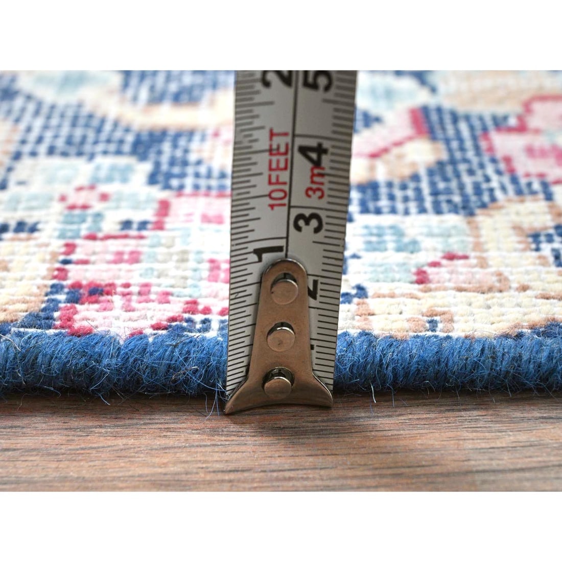 Navy Blue, Worn Wool Hand Knotted, Vintage Persian Kerman Square Rug - 6